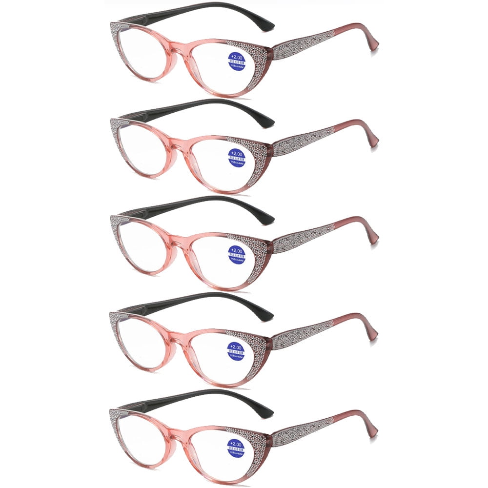 5 Pairs of Pink Cat Eye Blue Light Blocking Reading Glasses 2.00 for Women Fashion Diamond Presbyopic Glasses Ladies Spring Hinges HD Readers +2.00 Strength