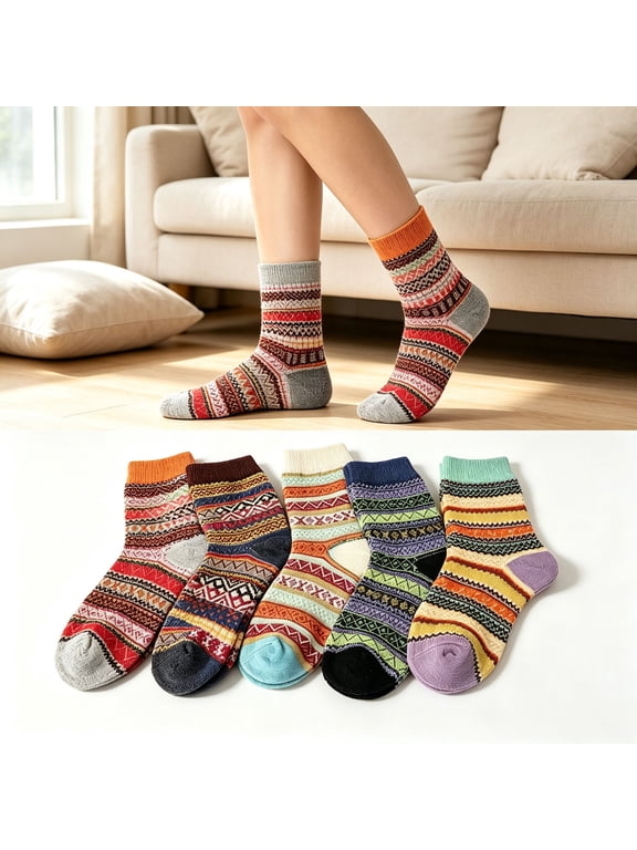 5 Pairs Printed Socks for Women Fall Winter Crew Socks Patterned Cozy Socks for Home Casual Wear