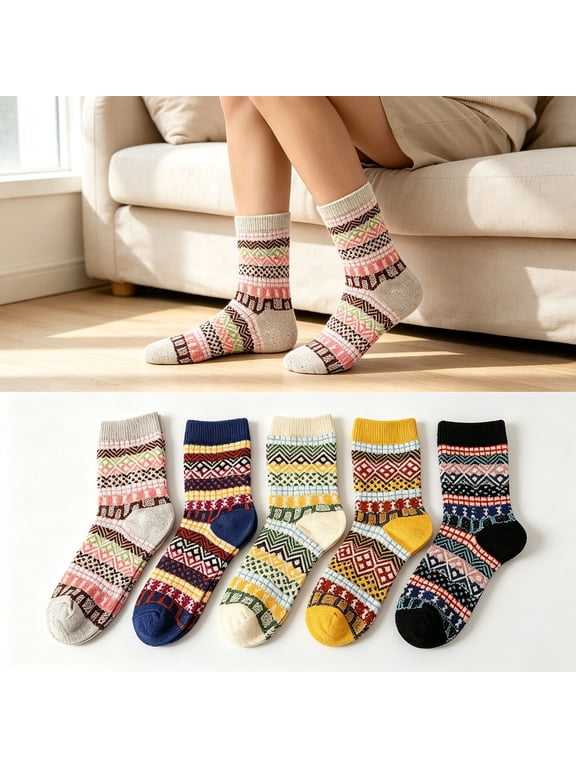 5 Pairs Printed Socks for Women Fall Winter Crew Socks Patterned Cozy Socks for Home Casual Wear