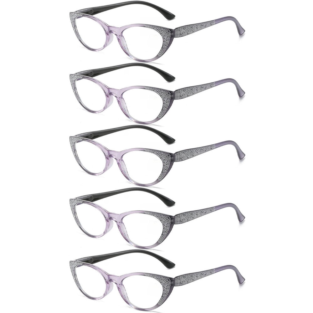 5 Pairs of Purple Cat Eye Blue Light Blocking Reading Glasses 1.50 for Women Fashion Diamond Presbyopic Glasses Ladies Spring Hinges HD Readers +1.50 Strength
