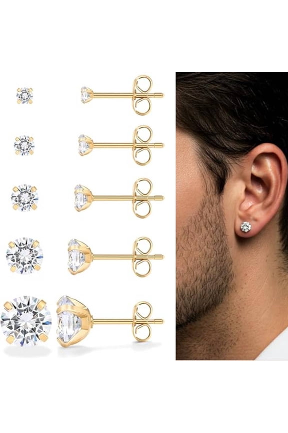 5 Pairs Extra Long Post 316 L Stainless Steel Stud Earrings Cubic Zircon Earrings Round Men Women, Hypoallergenic Premium CZ Studs Set