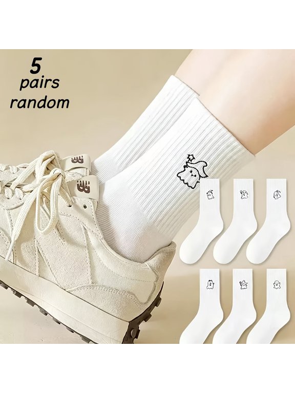 5 Pairs Random Cute Ghost Embroidered Crew Socks, White Ribbed Soft Mid-Calf Socks for Women, Breathable Casual Daily Socks for Halloween Everyday Wear
