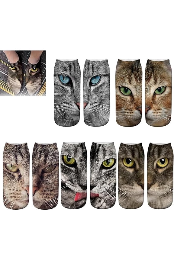 5 Pairs Realistic Cat Face Socks, Cozy Novelty Animal Socks with Vibrant 3D Cats Designs, Funny 3D PrintSocks, Unique Gift for Cat Lovers (C)