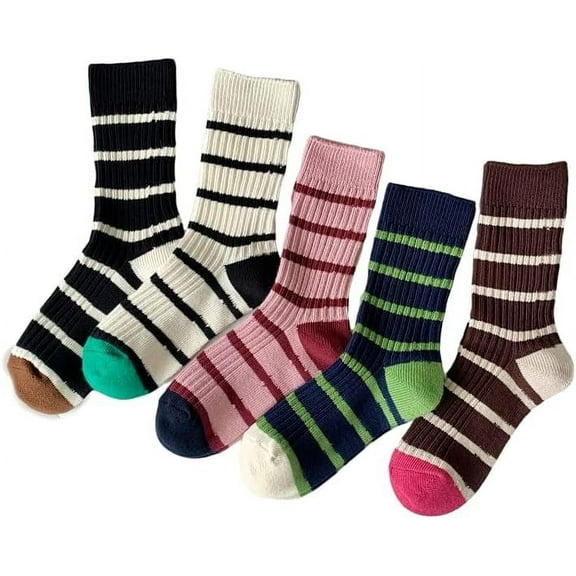 5 Pairs Retro Style Colorful Striped Socks, Cute Athletic Crew socks for Women
