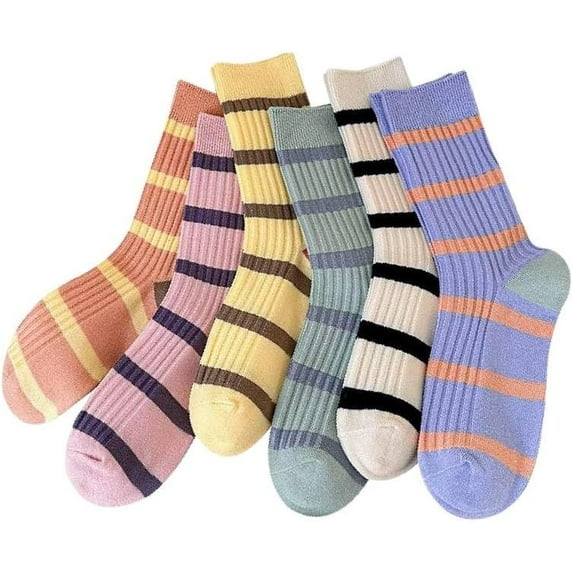 5 Pairs Retro Style Colorful Striped Socks, Cute Athletic Crew socks for Women