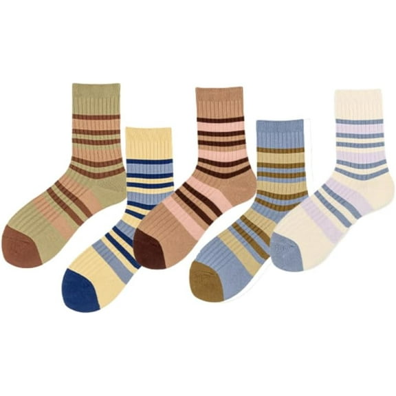 5 Pairs Retro Style Colorful Striped Socks, Cute Athletic Crew socks for Women