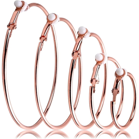 Aylifu Rose Gold Clip on Hoop Earrings, Large Metal Non Piercing Earring Clips for Women, 5 Sizes, 5 Pairs