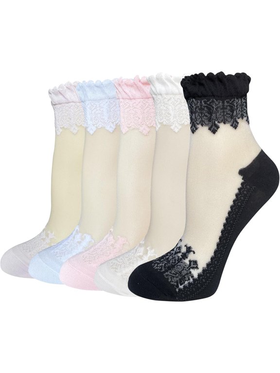 5 Pairs Sheer Floral Socks for Women, Embroidered Mesh Lace Ankle Socks, Breathable Summer Cute Transparent Stockings