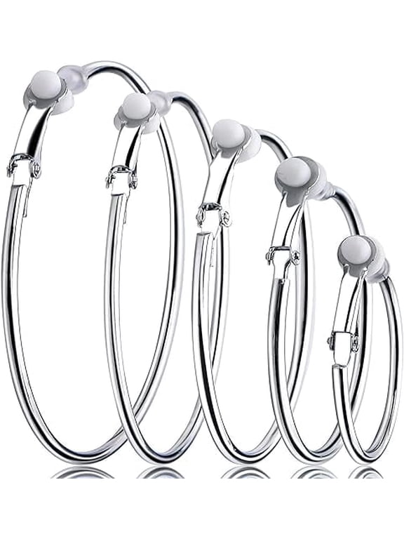 Silver Clip on Hoop Earrings, Metal Circle Non Piercing Earring Clips for Women Non-Pierced Ears, 5 Sizes, 5 Pairs