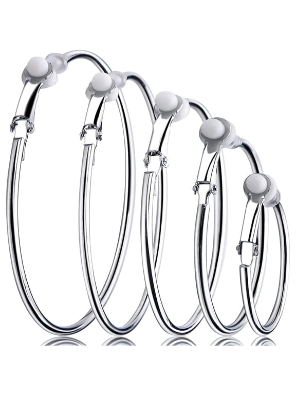 5 Pairs Silver Clip on Earrings Hoop Non Piercing Women Clip Earrings for Women, 5 Sizes