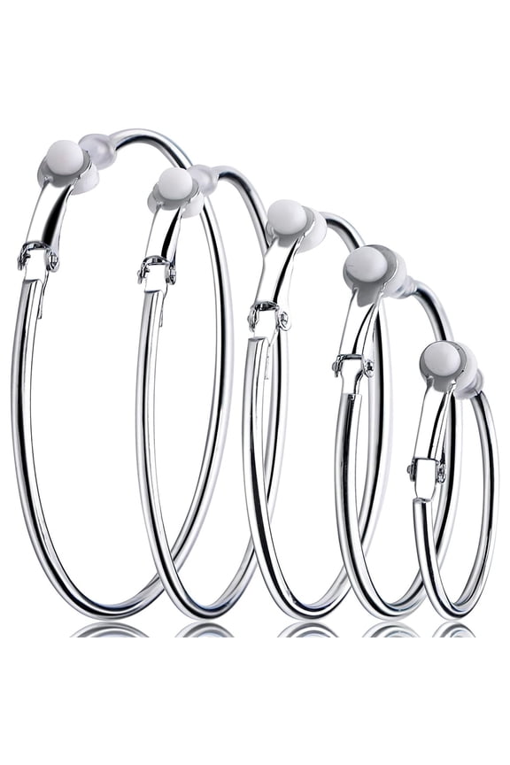 5 Pairs Silver Clip on Earrings Hoop Non Piercing Women Clip Earrings for Women, 5 Sizes