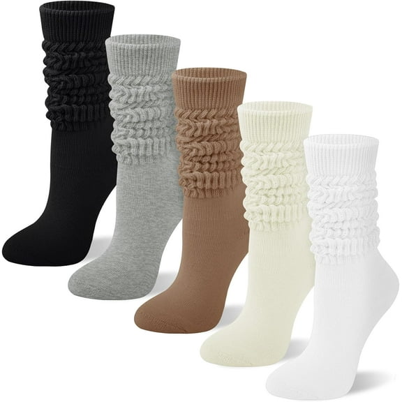5 Pairs Slouch Socks for Women, Soft Cotton Long Scrunch Tube Stockings, Casual Crew Boot Thigh High Thick Knit Socks