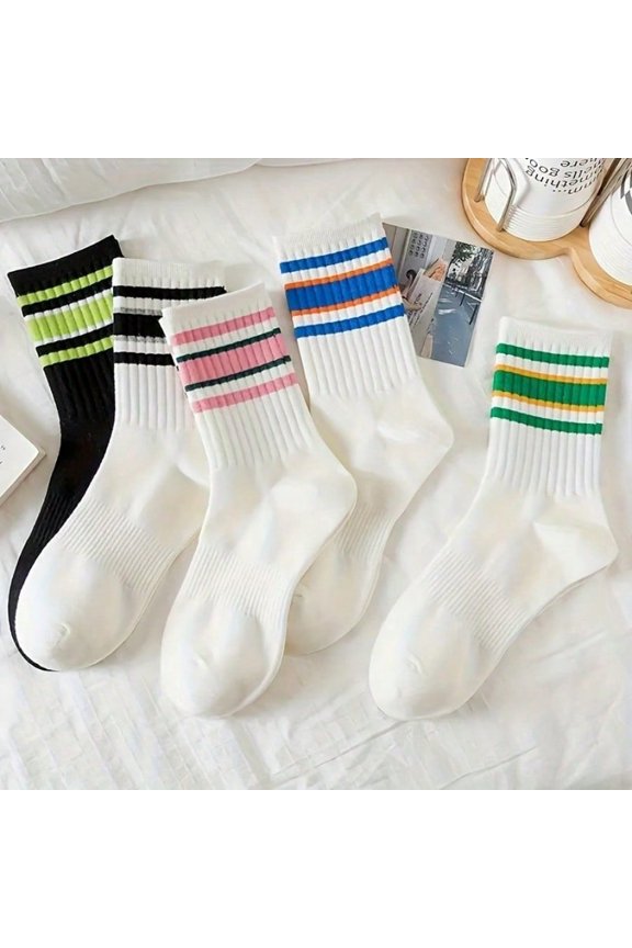 5 Pairs Sports Comfort Striped Socks - Unisex Mid-Calf Length with Colorful Prints, Breathable & Elastic Material, Ideal for Athletic Activities