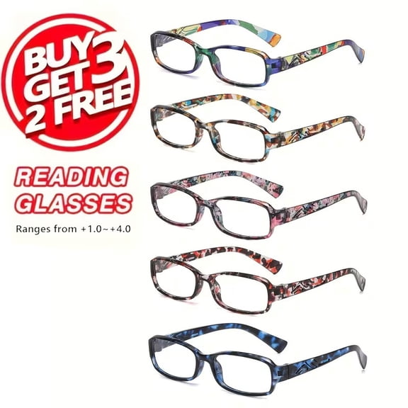 5 Pairs Of Square Fashion Printed Reading Glasses, Multi-pair Combination Packaging for Men And Women, High-definition Lenses And Colorful Frames, Suitable for Daily And Office Essentials.