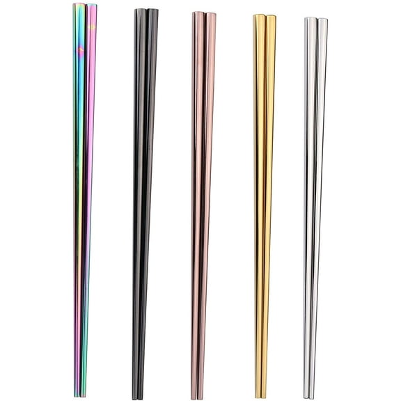 5 Pairs Stainless Steel Chopsticks Set, Metal Chopsticks, Reusable, Dishwasher Safe (5 Colors)