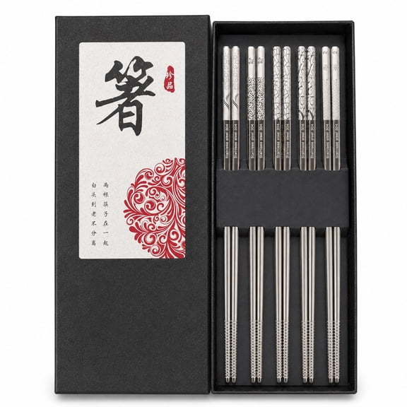 Stelura Stainless Steel Reusable Chopsticks Set, 5 Pairs, 18/8 Food Grade, Non-Slip, Dishwasher Safe, 9.25 inch, Japanese and Korean Style with Gift Box