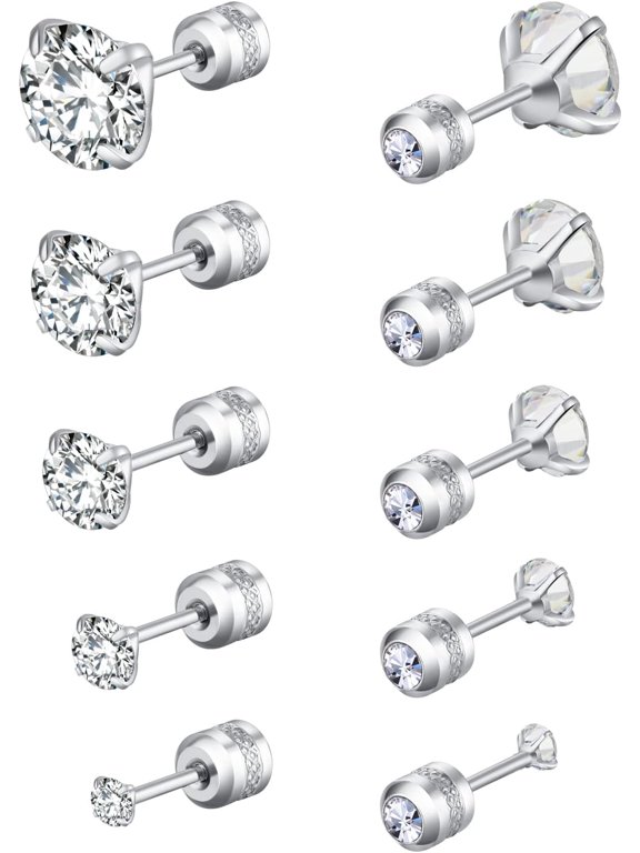 5 Pairs Stud Earrings Colorful Cubic Zirconia Stainless Steel Stud Earring Hypoallergenic Screw Back Earrings Double Side Piercing Earrings Gifts for Women Mother's Day