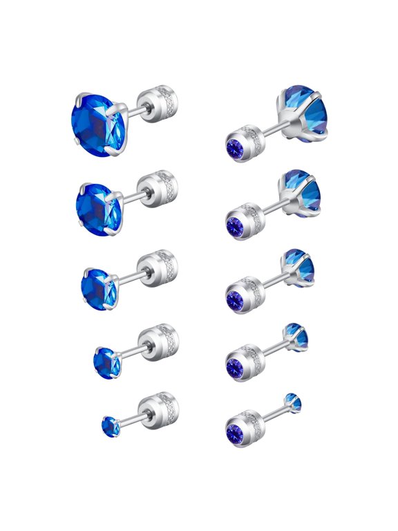 5 Pairs Stud Earrings Colorful Cubic Zirconia Stainless Steel Stud Earring Hypoallergenic Screw Back Earrings Double Side Piercing Earrings Gifts for Women Mother's Day