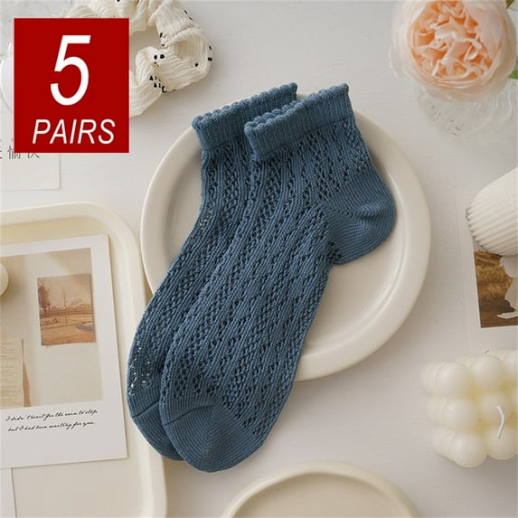 5 Pairs Summer Short Tube Lace Women Thin Cotton Socks Hollow Out Mesh Solid Color Girls Ankle Socks Anti Odor Sweat Absorbing