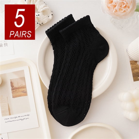 5 Pairs Summer Short Tube Lace Women Thin Cotton Socks Hollow Out Mesh Solid Color Girls Ankle Socks Anti Odor Sweat Absorbing