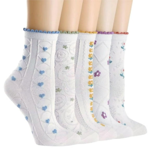 5 Pairs Summer Socks, Womens Crew Socks Casual Cotton Cute Socks Fun Novelty Girl Thin Dress Floral Ankle Socks, Fashion Matching, For Christmas, Halloween, Birthday And Valentine's Day Gift White Wom