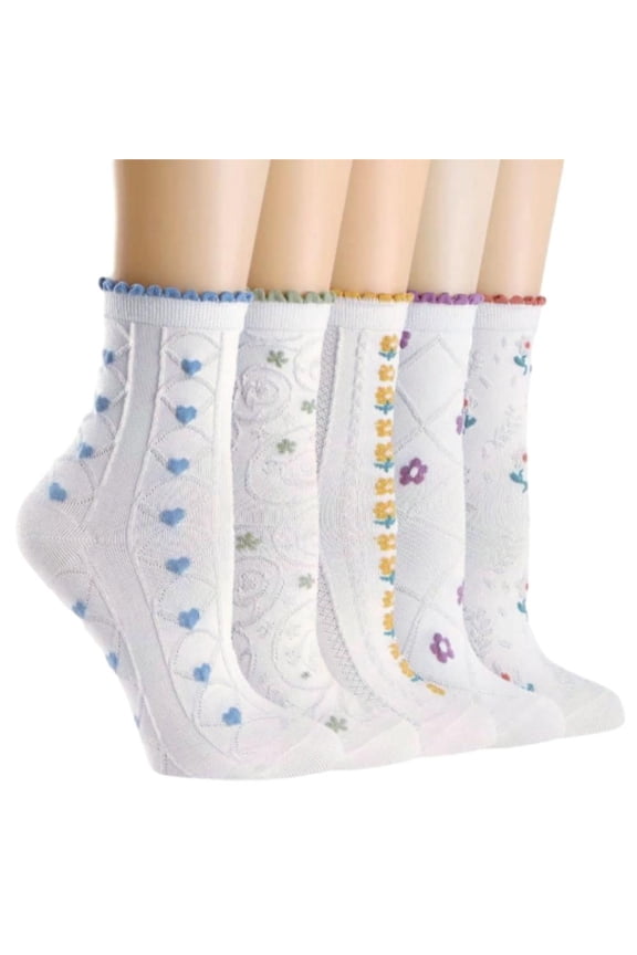5 Pairs Summer Socks, Womens Crew Socks Casual Cotton Cute Socks Fun Novelty Girl Thin Dress Floral Ankle Socks, Fashion Matching, For Christmas, Halloween, Birthday And Valentine's Day Gift White Wom