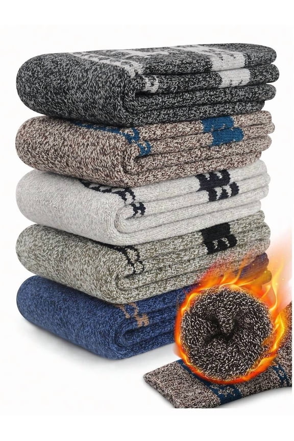 5 Pairs Thickened Socks,Merino Wool Socks For Men, Thick Winter Wool Hiking Socks, Warm Breathable Crew Men Christmas Socks