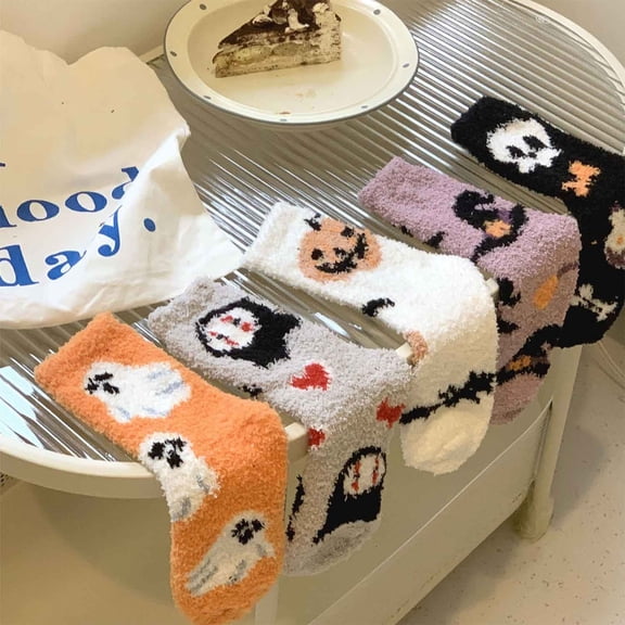 5 Pairs Thicker Halloween Fuzzy Socks Women Warm Super Soft Plush Slipper Sock Winter Fluffy Microfiber Crew Socks Casual Home Sleeping Fuzzy Cozy Sock Halloween Gifts for Women