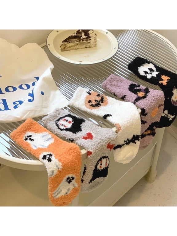 5 Pairs Thicker Halloween Fuzzy Socks Women Warm Super Soft Plush Slipper Sock Winter Fluffy Microfiber Crew Socks Casual Home Sleeping Fuzzy Cozy Sock Halloween Gifts for Women