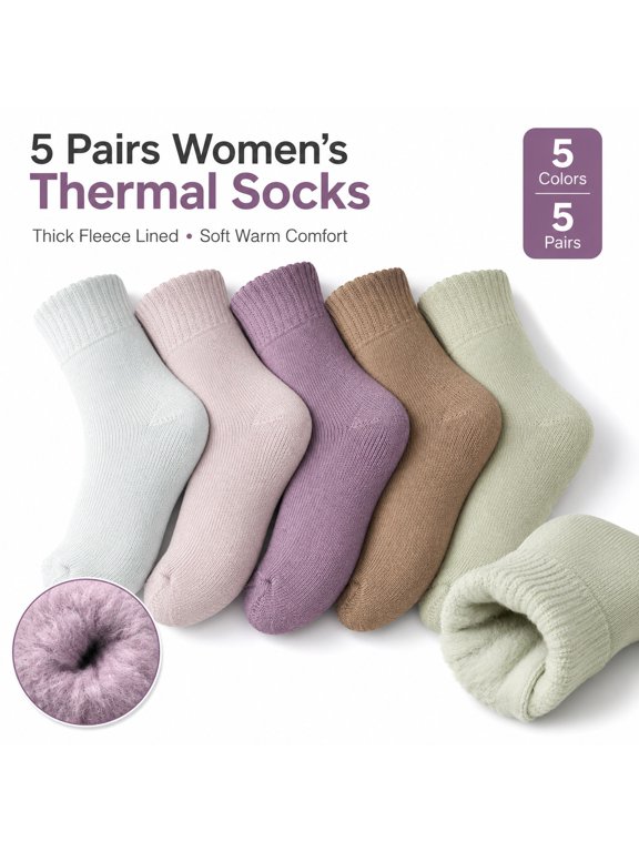Women’s Thermal Socks 5 Pairs, Thick Fleece Lined Warm Winter Crew Socks, Cozy Plush Brushed Boot Socks for Cold Weather, One Size