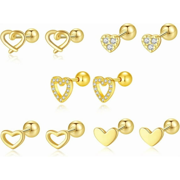5 Pairs Tiny CZ Heart Stud Earrings for Women Silver Gold-Toned Screw Back Cartilage Studs Love Hearted Earring Tragus Pierced Ear Wedding Jewelry