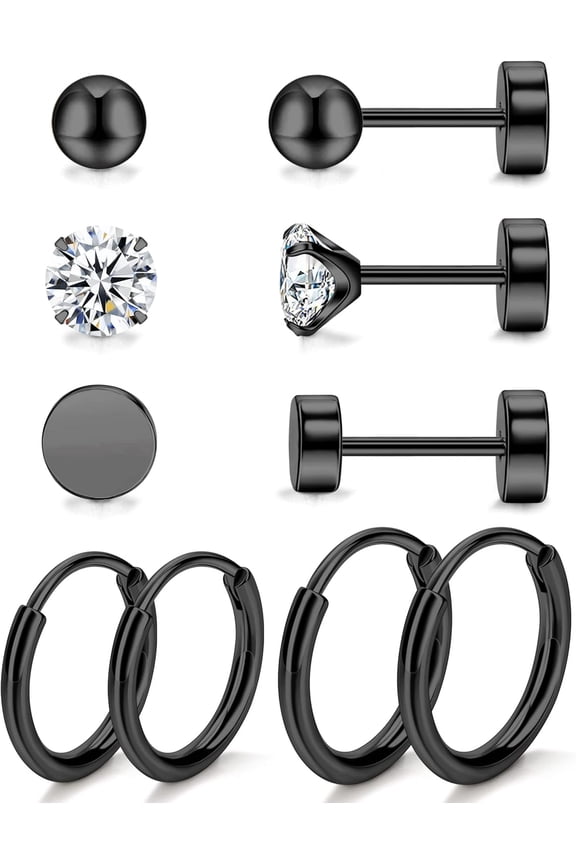 5 Pairs Titanium Earrings - Dot Ball Cubic Zirconia 20 Gauge Pure Titanium Stud Hoop Earrings Set - Flat Back for Women