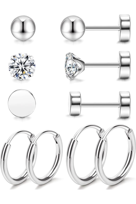 5 Pairs Titanium Earrings - Dot Ball Cubic Zirconia 20 Gauge Pure Titanium Stud Hoop Earrings Set - Flat Back for Women