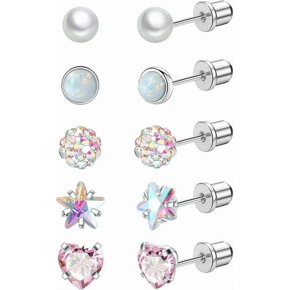 5 Pairs Titanium Earrings for Sensitive Ears Hypoallergenic Screw Back Earrings for Women Opal Pearl Heart Star CZ 20G Pure Titanium Screw On Earrings