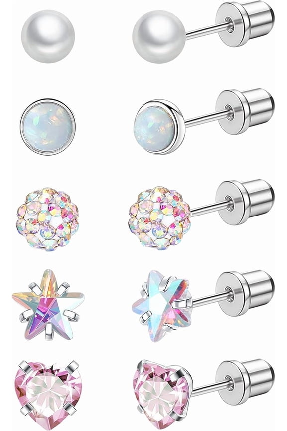 5 Pairs Titanium Earrings for Sensitive Ears Hypoallergenic Screw Back Earrings for Women Opal Pearl Heart Star CZ 20G Pure Titanium Screw On Earrings