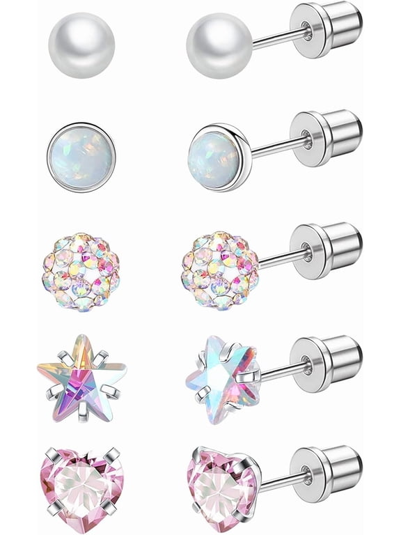5 Pairs Titanium Earrings for Sensitive Ears Hypoallergenic Screw Back Earrings for Women Opal Pearl Heart Star CZ 20G Pure Titanium Screw On Earrings