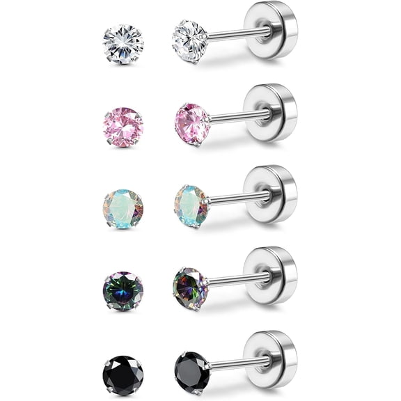 5 Pairs Titanium Earrings for Women Men G23 Pure Titanium Earrings for Sensitive Ears Cubic Zirconia Surgical Stainless Steel Flat Back Stud Earrings Hypoallergenic Piercing Sleeper Cartilage Studs