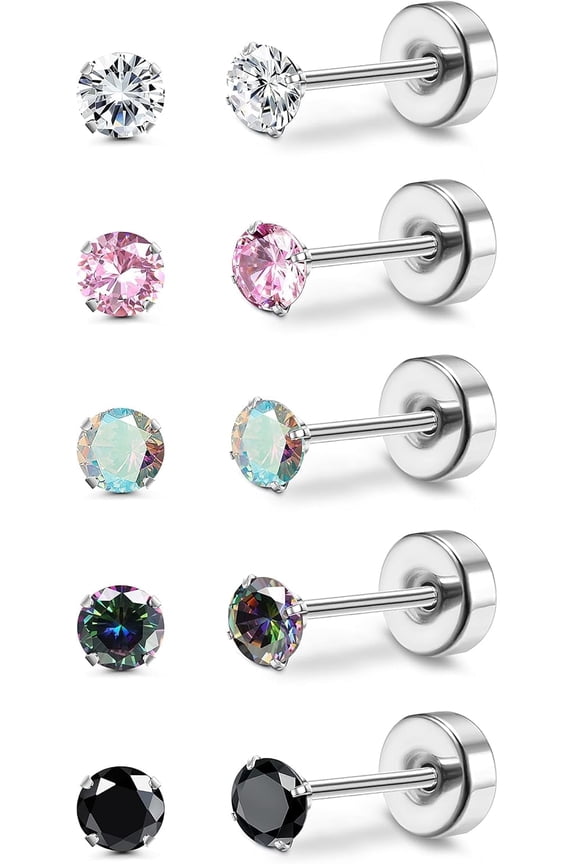 5 Pairs Titanium Earrings for Women Men G23 Pure Titanium Earrings for Sensitive Ears Cubic Zirconia Surgical Stainless Steel Flat Back Stud Earrings Hypoallergenic Piercing Sleeper Cartilage Studs