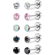 5 Pairs Titanium Earrings for Women Men G23 Pure Titanium Earrings for Sensitive Ears Cubic Zirconia Surgical Stainless Steel Flat Back Stud Earrings Hypoallerg