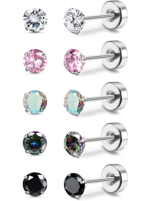 5 Pairs Titanium Earrings for Women Men G23 Pure Titanium Earrings for Sensitive Ears Cubic Zirconia Surgical Stainless Steel Flat Back Stud Earrings Hypoallergenic Piercing Sleeper Cartilage Studs
