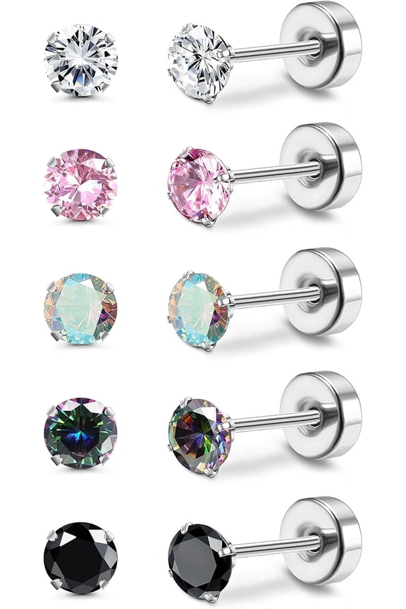 5 Pairs Titanium Earrings for Women Men G23 Pure Titanium Earrings for Sensitive Ears Cubic Zirconia Surgical Stainless Steel Flat Back Stud Earrings Hypoallergenic Piercing Sleeper Cartilage Studs