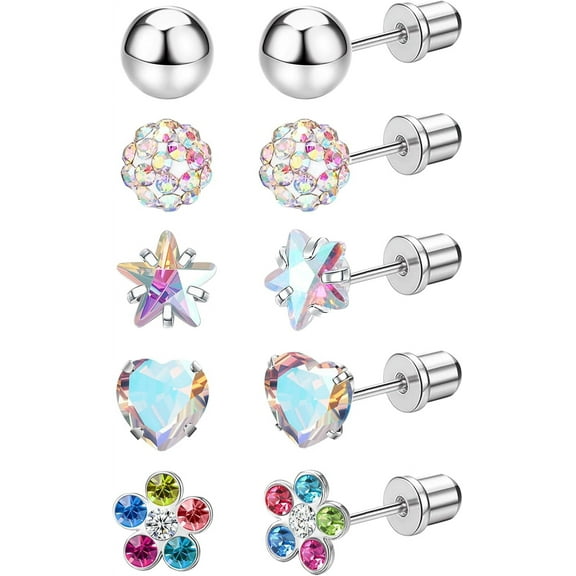 5 Pairs Titanium Screw Back Earrings for Women Hypoallergenic ScrewBack Earrings for Sensitive Ears Pearl Heart Star Flower CZ 20G Pure Titanium Earrings Studs