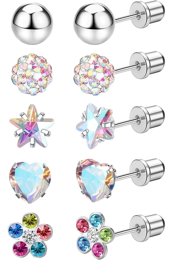 5 Pairs Titanium Screw Back Earrings for Women Hypoallergenic ScrewBack Earrings for Sensitive Ears Pearl Heart Star Flower CZ 20G Pure Titanium Earrings Studs