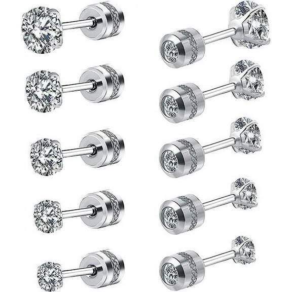 5 Pairs Titanium Screw Back Stud Earrings Set Round Cubic Zirconia Earrings for Women Men, Silver (2-6mm)