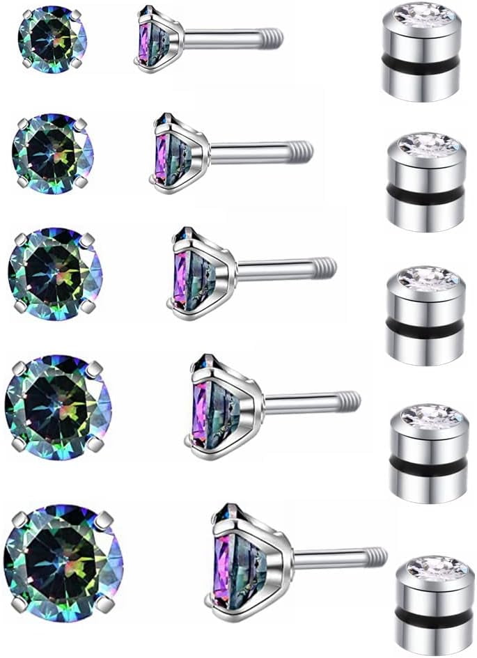 5 Pairs Titanium Screw Back Surgical Stainless Steel Stud Earrings for