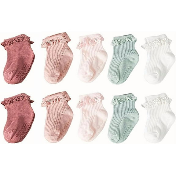 5 Pairs Toddler Anti Slip Non Skid Socks Baby Little Girls Lace Flower Stripe Crew Socks