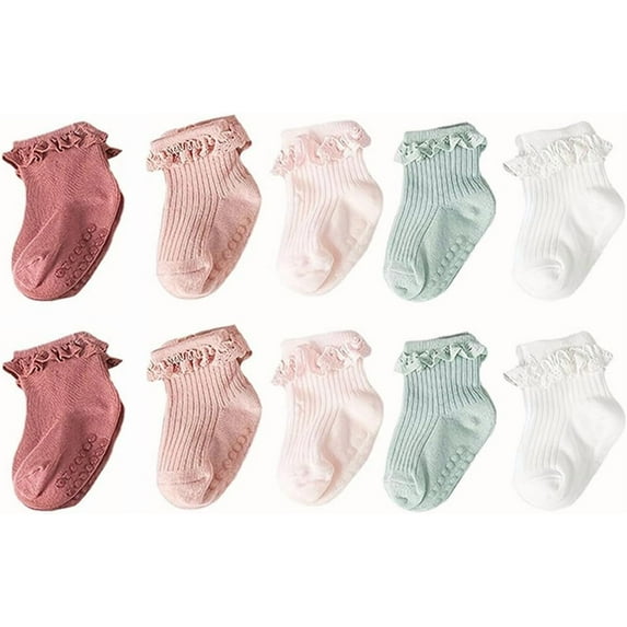 5 Pairs Toddler Anti Slip Non Skid Socks Baby Little Girls Lace Flower Stripe Crew Socks