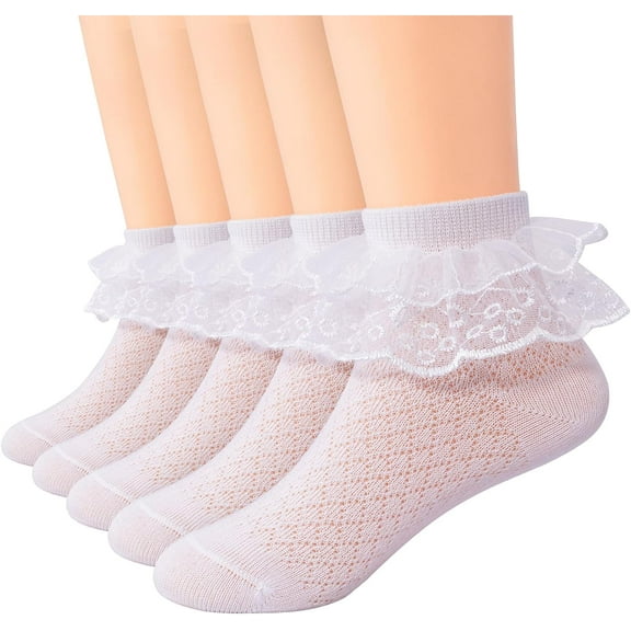 5 Pairs Toddler Baby Girls Ruffle Lace Socks Eyelet Mesh Cotton Frilly Ankle Soft Dress Kids Princess Socks