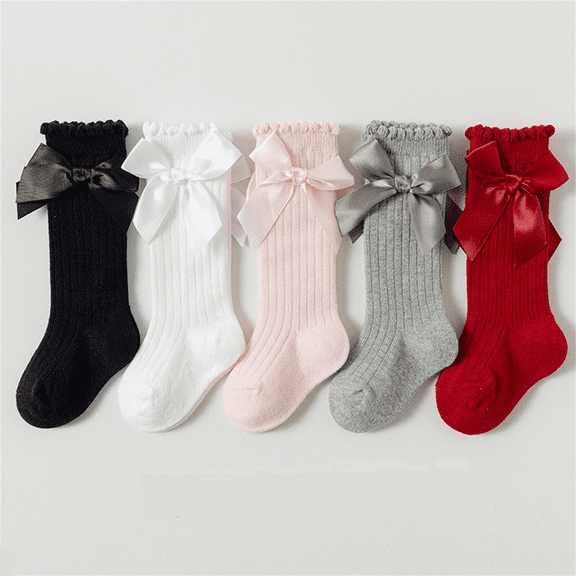 5 Pairs Toddler Girls Satin Bow Knee High Socks, Cute Ruffle Top Ribbed Long Socks