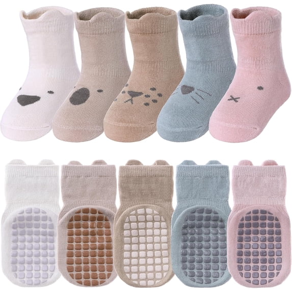5 Pairs Toddler Non Slip Socks with Grips Baby Socks for Kids Girls Boys